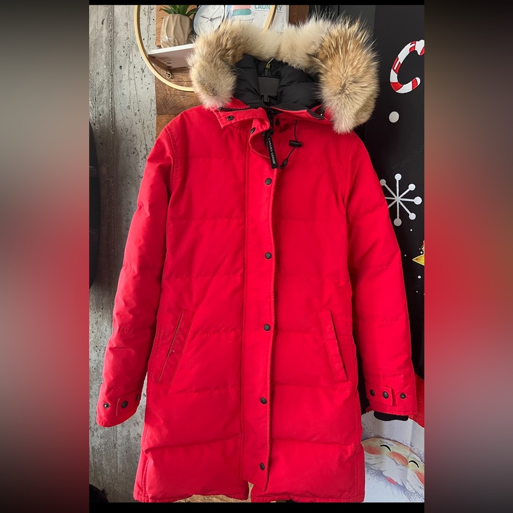 Canada Goose Bright Red Long Down Parka with Fur Trim Hood